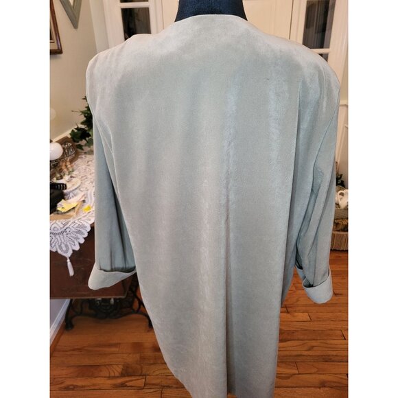 Vintage 90s Faux Suede Sage Green Duster Blazer 3/4 Rolled Sleeves 1X Minimal - Picture 2 of 7